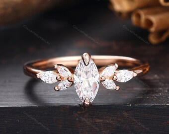 Vintage Marquise Moissanite engagement ring, Solid Gold ring, Cluster Marquise Moissanite wedding ring, Promise ring, unique bridal ring
