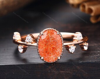 Unique Vintage Sunstone Ring, Oval Shape Sunstone Ring, Orange Gemstone Engagement Ring, Bezel Setting Leaf Ring, Rose Gold Promise Ring
