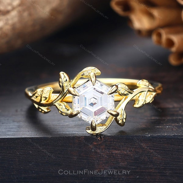 Hexagon Cut Moissanite Ring, Unique Leaf Ring, Vintage Moissanite Wedding Ring, Dainty Bridal Ring, Proposal Ring, Art Deco Bridal Ring