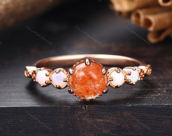 Vintage Round Sunstone Engagement Ring, Pink White Opal Wedding Ring, Sunstone Wedding Ring, Promise Ring For Women, Handmade Bridal Ring