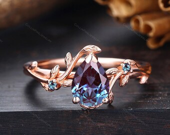 Pear Alexandrite Engagement Ring, Nature Inspired Leaf Rings, 14k Rose Gold Leaf Wedding Ring, Vintage Alexandrite Promise Rings For Women