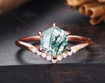Vintage Hexagon Cut Moss Agate Engagement Ring, V Shape Design Wedding Ring, Promise Anniversary Rings For Women, Unique Green Agate Ring