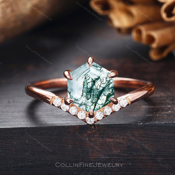 Vintage Hexagon Cut Moss Agate Engagement Ring, V Shape Design Wedding Ring, Promise Anniversary Rings For Women, Unique Green Agate Ring