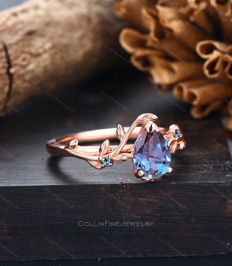 Pear Alexandrite Engagement Ring, Nature Inspired Leaf Rings, 14k Rose Gold Leaf Wedding Ring, Vintage Alexandrite Promise Rings For Women image 4