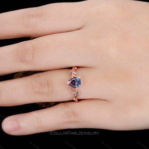 Pear Alexandrite Engagement Ring, Nature Inspired Leaf Rings, 14k Rose Gold Leaf Wedding Ring, Vintage Alexandrite Promise Rings For Women image 5