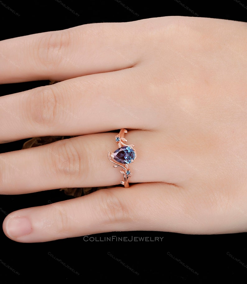 Pear Alexandrite Engagement Ring, Nature Inspired Leaf Rings, 14k Rose Gold Leaf Wedding Ring, Vintage Alexandrite Promise Rings For Women image 5