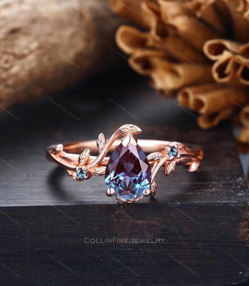 Pear Alexandrite Engagement Ring, Nature Inspired Leaf Rings, 14k Rose Gold Leaf Wedding Ring, Vintage Alexandrite Promise Rings For Women image 1