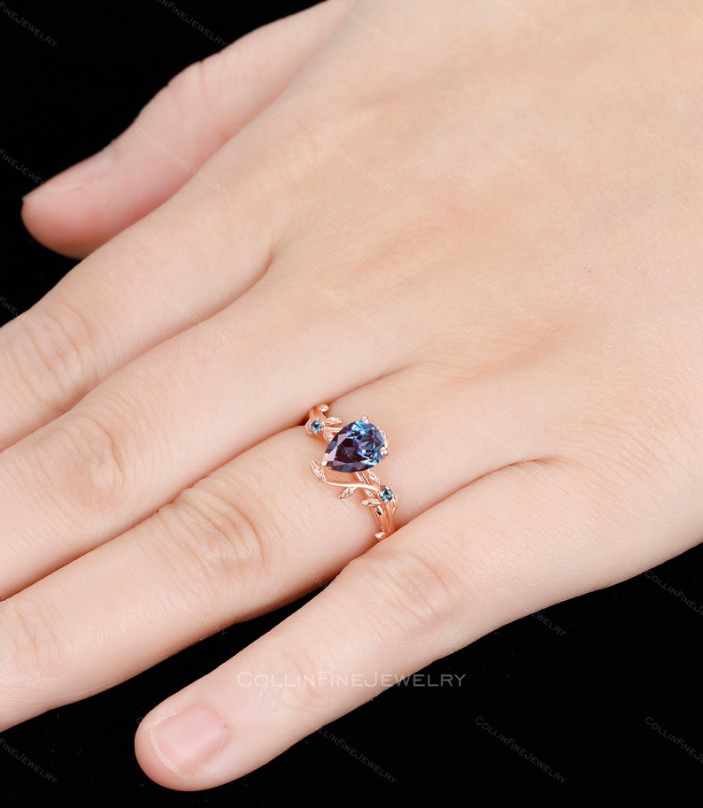 Pear Alexandrite Engagement Ring, Nature Inspired Leaf Rings, 14k Rose Gold Leaf Wedding Ring, Vintage Alexandrite Promise Rings For Women image 6