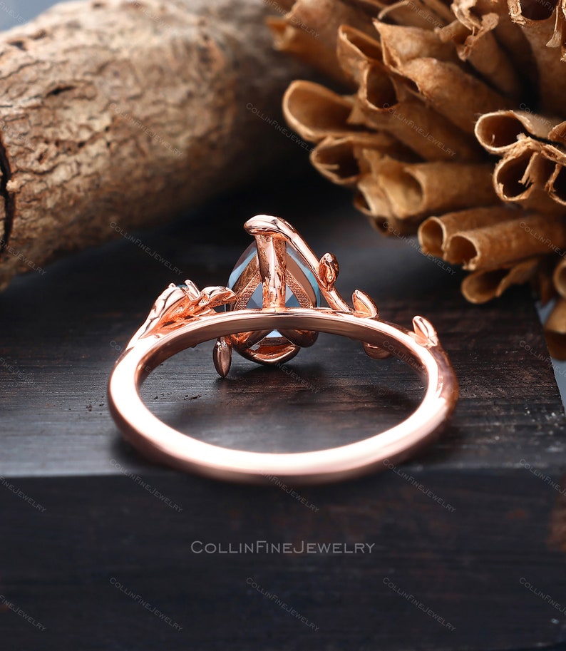 Pear Alexandrite Engagement Ring, Nature Inspired Leaf Rings, 14k Rose Gold Leaf Wedding Ring, Vintage Alexandrite Promise Rings For Women image 3