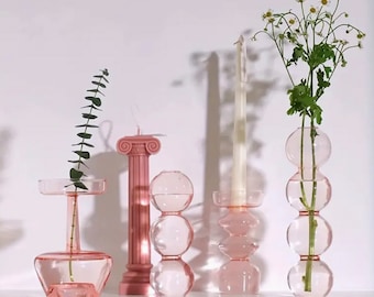 Pink Glass Flower Vase - Modern Flower Candle Holder Decoration Home & Kitchen