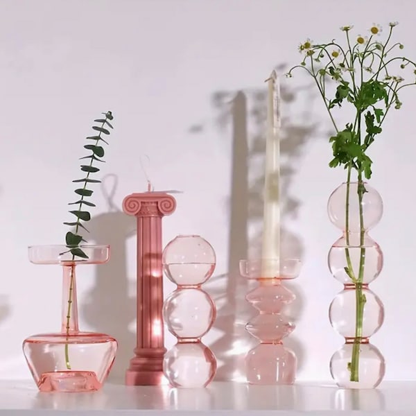 Pink Glass Flower Vase - Modern Flower Candle Holder Decoration Home & Kitchen