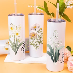 Personalized Birth Flower Tumbler, Custom Birth Flower Tumbler with Straw, Bridesmaid Proposal Gifts, Wedding Tumbler to Go Mugs, 20oz