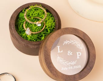 Personalized Wooden Wedding Ring Box with Clear Acrylic Cover, Custom Engraved Proposal Holder, Gifts for Newlywed, Bridal Gift for Her