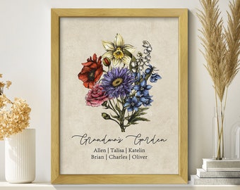 May include: A printable art print with a floral bouquet of red, pink, blue, and yellow flowers. The text "Grandma's Garden" is written in cursive script with the names Allen, Talisa, Katelyn, Brian, Charles, and Oliver listed below.