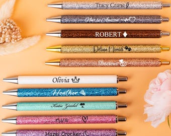 Bolígrafos personalizados con purpurina, oro rosa, rosa, azul, morado, verde, gris, plateado a blanco, bolígrafos personalizados, recargables, retráctiles, regreso a clases.