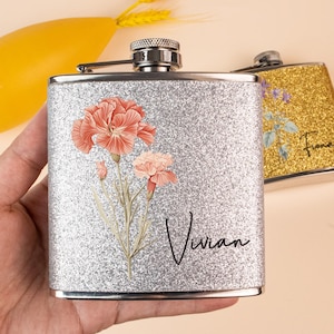 Personalised Bridesmaid Hip Flasks, Perfect Gift for Bridesmaids, Bling Flask with Birth Flower, Custom Girl Whiskey Flask, Hen Party Gifts