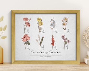 Omas Garten, Muttertagsgeschenk für Großmutter, benutzerdefinierter Enkel Geburtstagsmonat Blumendruck, personalisiertes Familiengeschenk für Großeltern