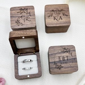 Custom Wooden Wedding Engagement Ring Box, Personalized Engraved Wood Ring Bearer Box, Wedding Ring Box, Square Ring Bearer,Anniversary Gift