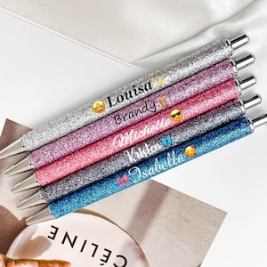 Penna ricaricabile glitterata personalizzata, penna glitterata, regalo per damigelle d'onore, penne a sfera, regali di Natale, penne da ufficio, supporto per la personalizzazione delle emoji