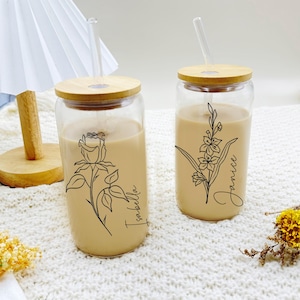 Personalized Birth Flower Tumbler, Gifts for Her, Bridesmaid Proposal Gift, Graduation Gift, Custom Glass Coffee Cup with Lid and Straw