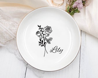 Piatto ad anelli personalizzato regalo per matrimonio, regalo di fidanzamento personalizzato per regali di damigella d'onore, fiore di nascita personalizzato per lei, piatto ad anelli