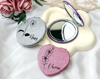 Personalized Bling Compact Mirror, Customized Bridesmaid Glitter Mirror, Engraved Mirror, Pocket Mirror Bridesmaid Gift, Bridal Party Gift