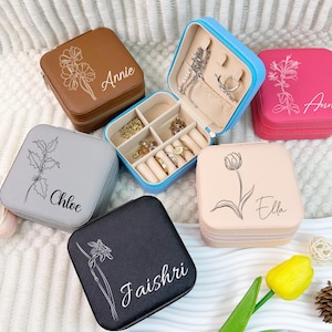 Benutzerdefinierte Brautjungfer Schmuckschatulle mit Geburtsblume, Schmuck Reise-Etui für Frau, Brautparty Geschenk, Brautjungfer Geschenk, Brautjungfer Vorschlag Geschenk