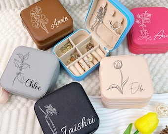 Portagioielli personalizzato per damigelle d'onore con fiore di nascita, custodia da viaggio per gioielli da donna, regalo per addio al nubilato, regalo per damigella d'onore, regalo per proposta di matrimonio