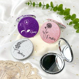 Espejos de dama de honor personalizados, espejo de brillo de nombre personalizado, regalos personalizados para mujeres espejo bling compacto, regalo de cumpleaños de bodas