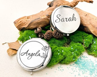 Personalized Engraved Silver Compact Mirror Favor, Custom Pocket Mirror with Name, Bridesmaid Gifts, Wedding Party Gifts, Gift for Her