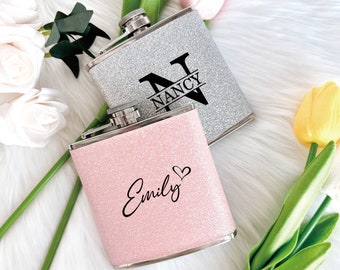 Personalized Flask, Glitter Stainless Steel 6 oz Hip Flask, Gifts for Bridesmaids, Bridesmaid Suggestions, Bridal Party