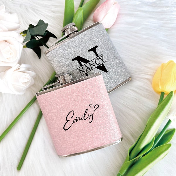 Personalized Flask, Glitter Stainless Steel 6 oz Hip Flask, Gifts for Bridesmaids, Bridesmaid Suggestions, Bridal Party