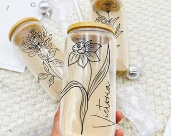 Personalized Iced Coffee Cup, Glass Cup with Lid and Straw, Bridesmaid Gift Idea, Custom Proposal Gifts, Personalized Birth Flower Tumbler