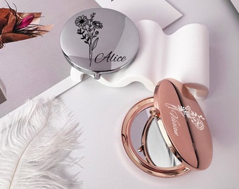 Personalisierter Geburtsblumen-Kompaktspiegel, gravierter Schminkspiegel für Brautjungferngeschenke, personalisiertes Taschenspiegelgeschenk, Heiratsantragsgeschenke