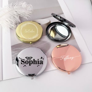 Personalisierter Gold Taschenspiegel Geschenk für Sie, Taschenspiegel mit Gravur Brautjungfer Namen Geschenk, Benutzerdefinierte Geburt Blumen Make-up Spiegel, Jahrestag Geschenke, unter 10 Bild 3