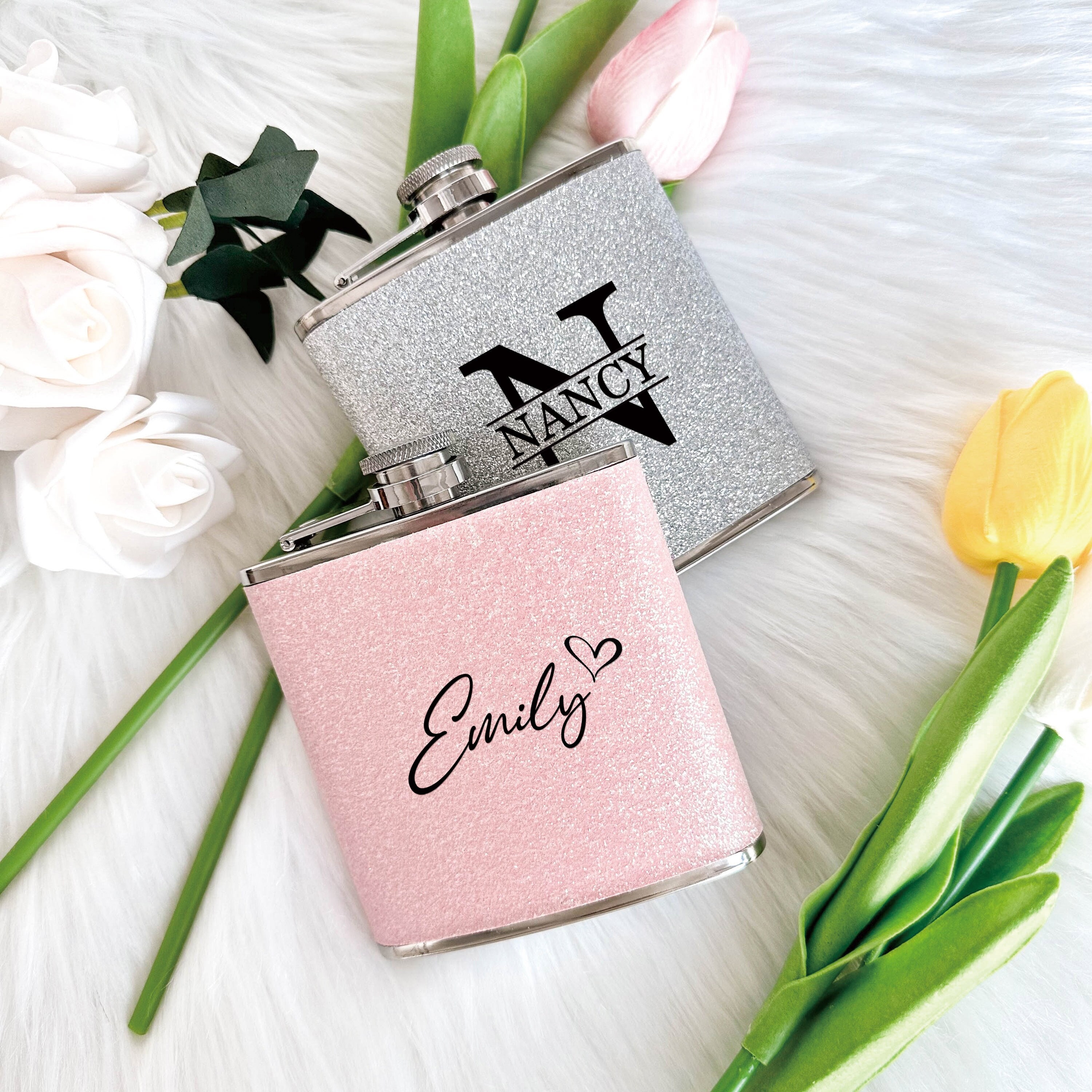 Personalized Flask, Glitter Stainless Steel 6 oz Hip Flask, Gifts for Bridesmaids, Bridesmaid Suggestions, Bridal Party
