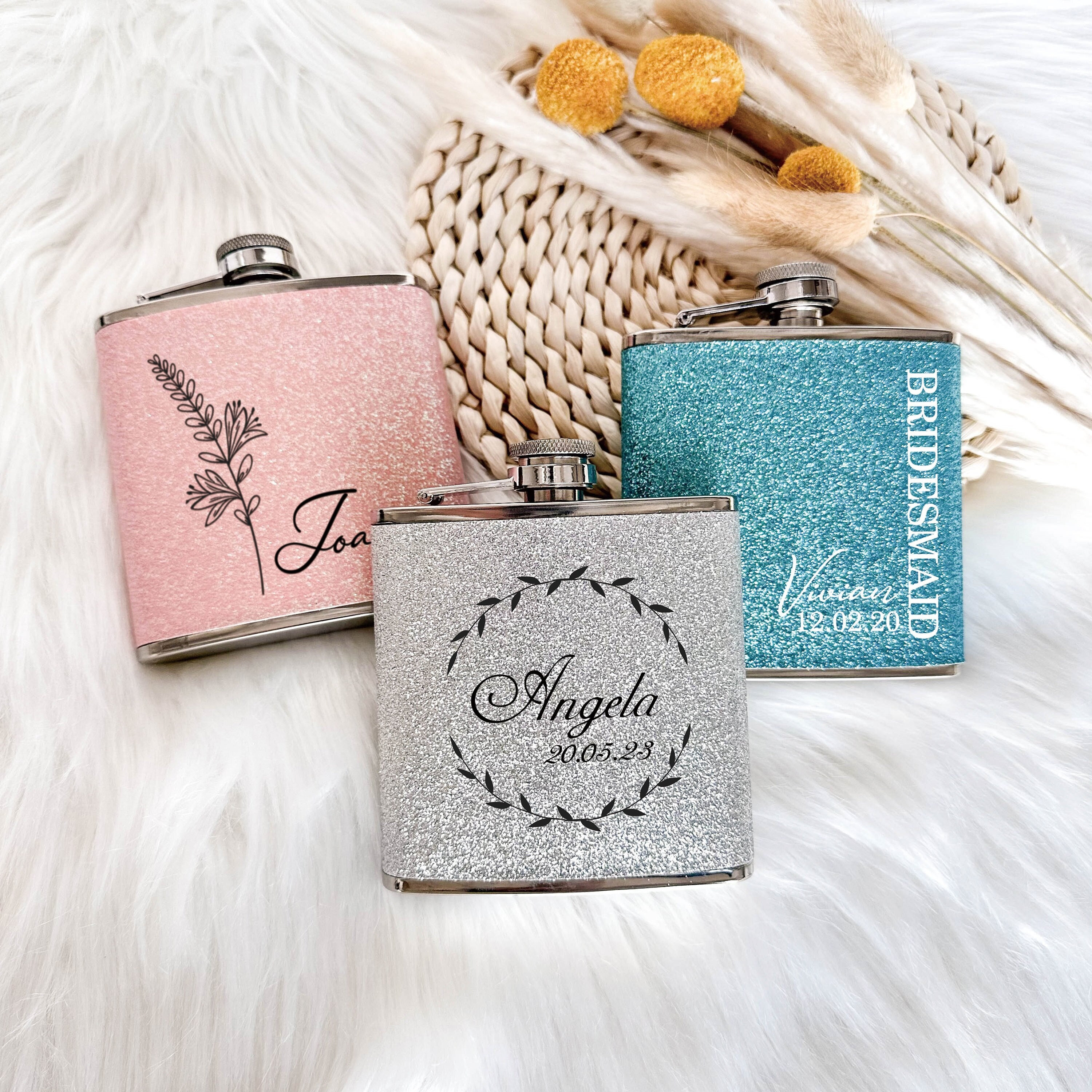 Personalized Flask, Glitter Stainless Steel 6 oz Hip Flask, Gifts for Bridesmaids, Bridesmaid Suggestions, Bridal Party