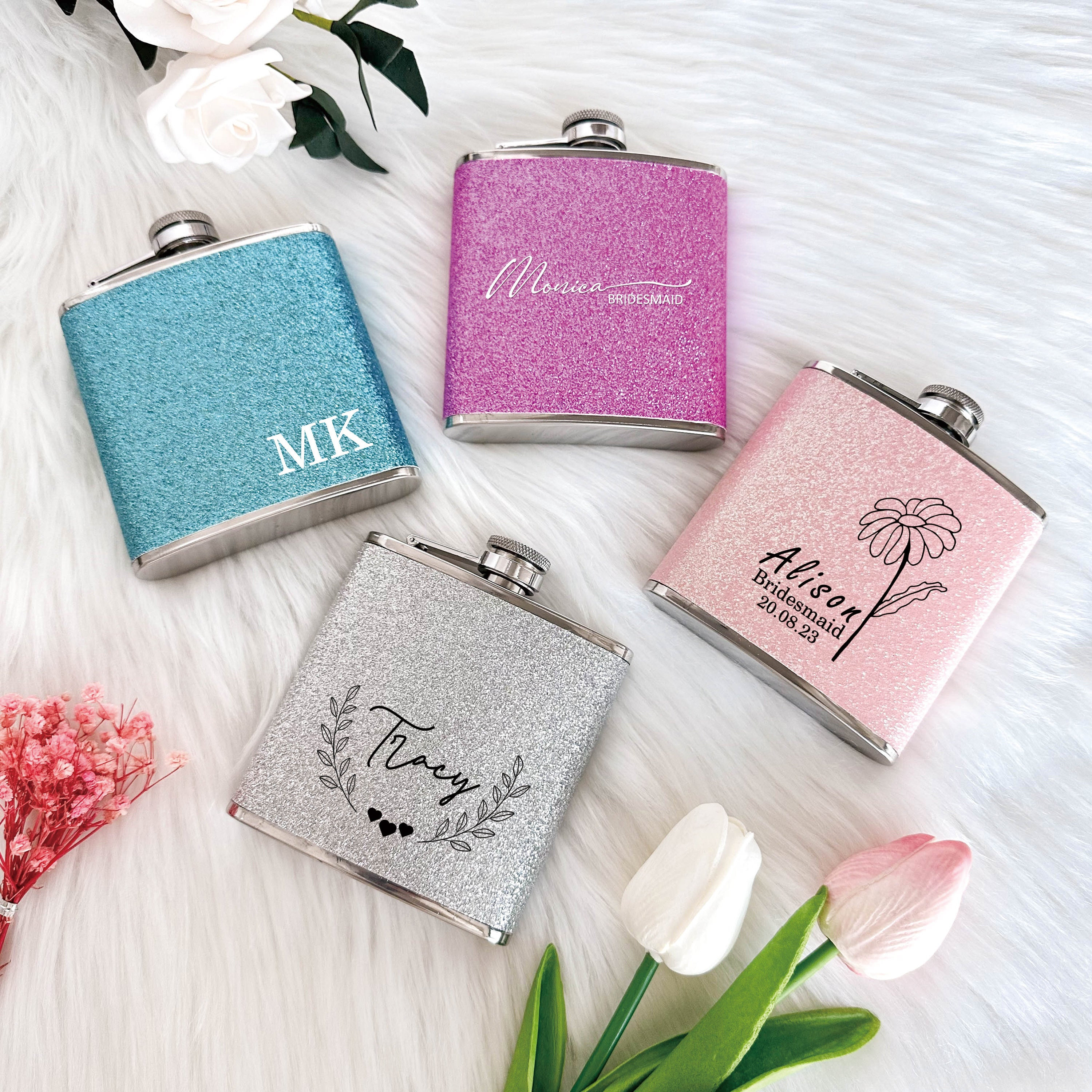Personalized Flask, Glitter Stainless Steel 6 oz Hip Flask, Gifts for Bridesmaids, Bridesmaid Suggestions, Bridal Party