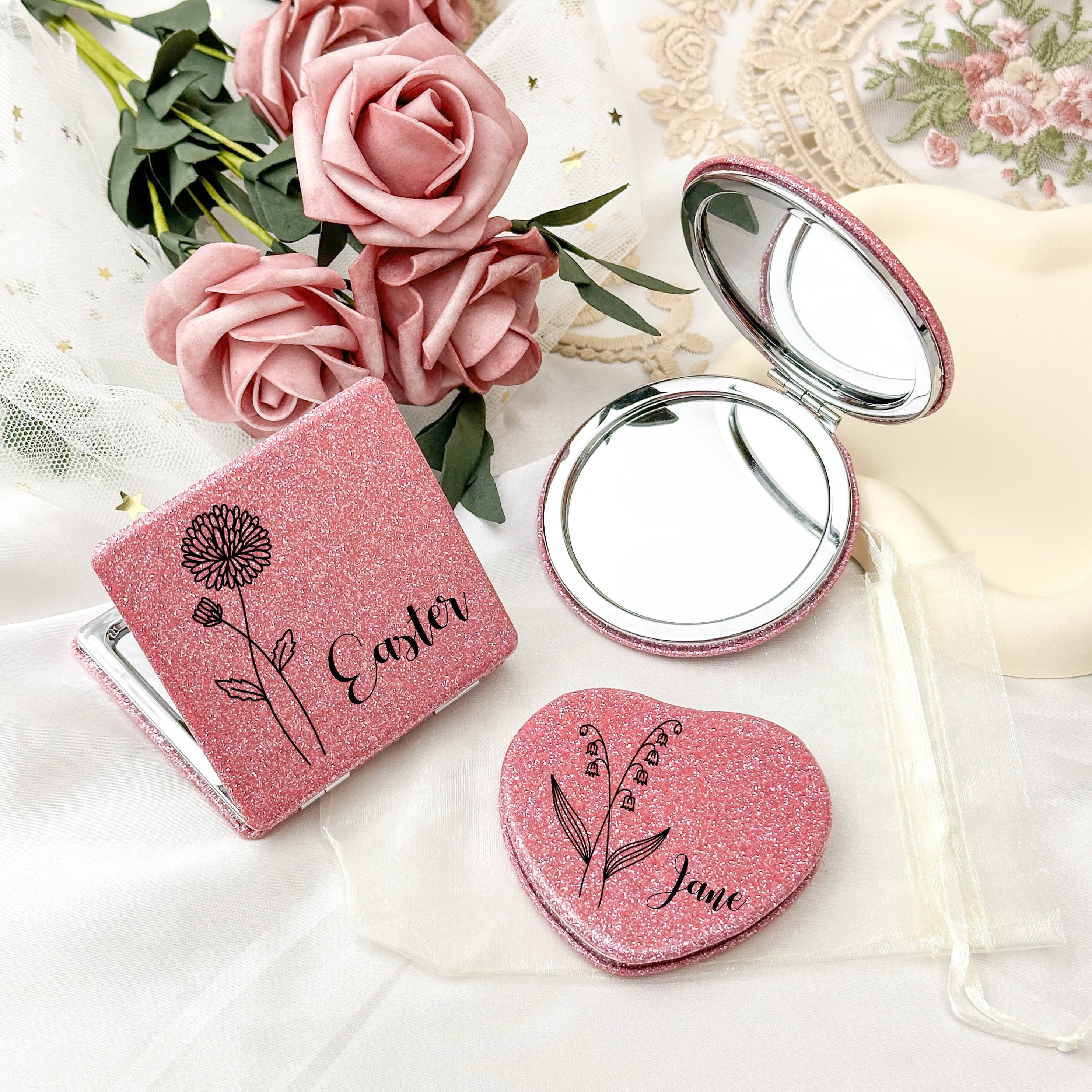 Personalised Roses Compact Mirror With Any Name
