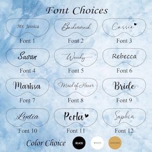 May include: A chart showing 12 different font styles for personalized sleep masks. The chart includes the text "Font Choices" and "Color Choice" with black, white, and gold color options.