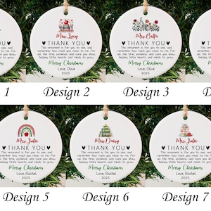 May include: White ceramic Christmas ornaments with various designs, including Christmas trees, a schoolhouse, flowers, and a rainbow. Each ornament has text that reads "THANK YOU" and "Merry Christmas" with a name and the year 2025.