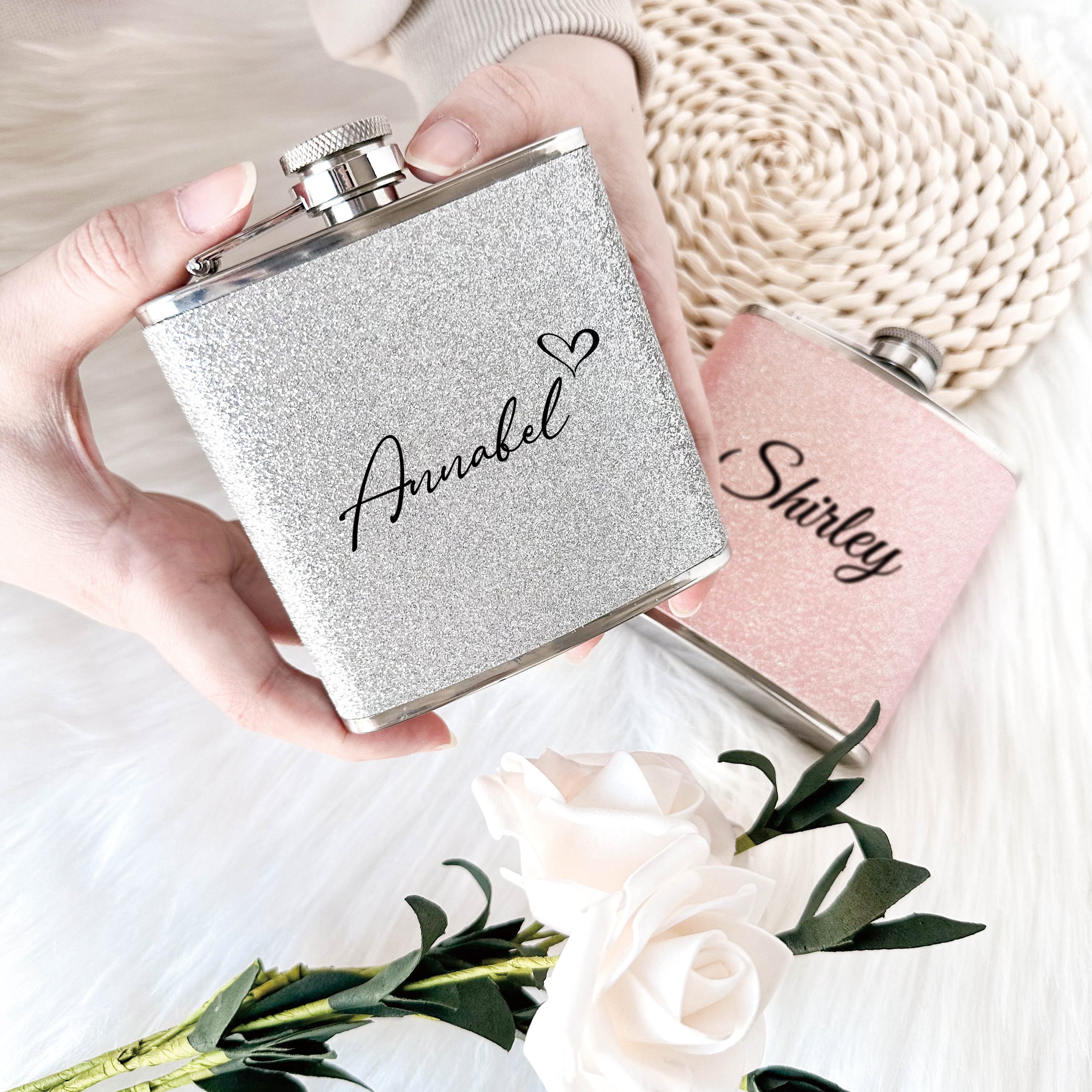 Personalized Flask, Glitter Stainless Steel 6 oz Hip Flask, Gifts for Bridesmaids, Bridesmaid Suggestions, Bridal Party