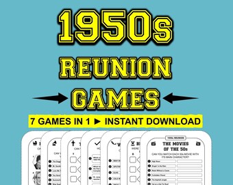 Peut inclure: Un ensemble de sept jeux de réunion des années 1950 imprimables. Les jeux comprennent "Pouvez-vous nommer cette star des années 50 ?", "Pouvez-vous nommer cette chanson des années 50 ?", "Pouvez-vous nommer cette émission de télévision des années 50 ?", "À quel point connaissez-vous les années 1950 ?", "Quels ont été les grands événements des années 50 ?", "Les films des années 50", et "Pouvez-vous nommer ce film des années 50 ?"