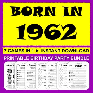 63rd Birthday Games Born In 1962 Game Bundle Birthday Party Activities Men Women Him Her 1962 Trivia Quiz Printable Instant Download