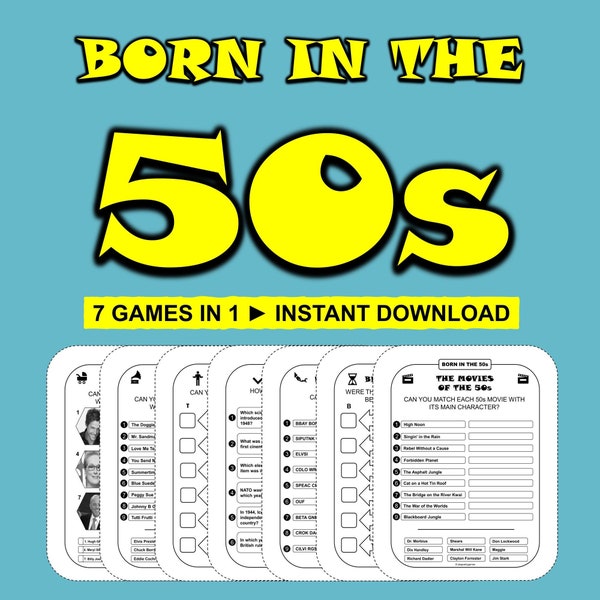 Jeux de fête d’anniversaire nés dans les années 50 Bundle Jeux d’anniversaire imprimables 50s Trivia 50s Quiz Anniversaire Téléchargement instantané des années 1950