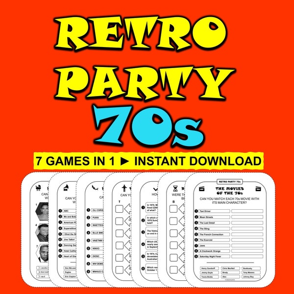 Retro Party Games 70s Party Games Bundle Printable Games 70s Trivia 70s Quiz Retro Game 1970s Instant Download