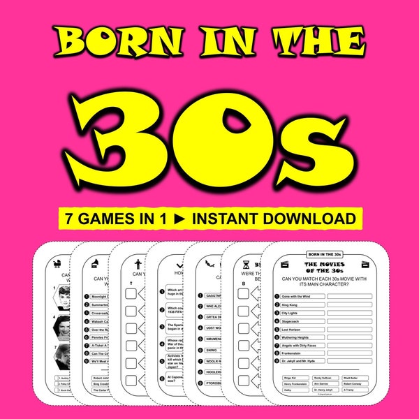 Birthday Party Games Born In the 30s Bundle Printable Birthday Games 30s Trivia 30s Quiz Birthday Instant Download 1930s