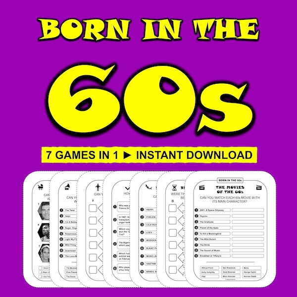 Birthday Party Games Born In the 60s Bundle Printable Birthday Games 60s Trivia 60s Quiz Birthday Instant Download 1960s
