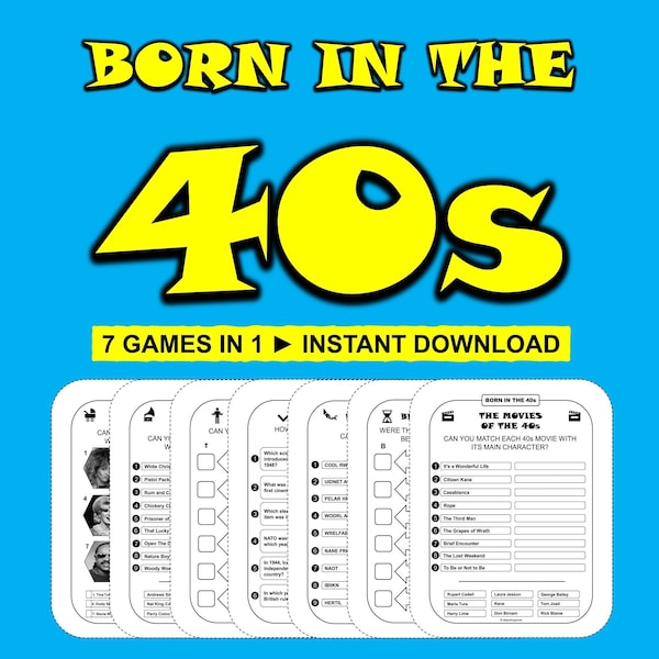 Birthday Party Games Born In the 40s Bundle Printable Birthday Games 40s Trivia 40s Quiz Birthday Instant Download 1940s