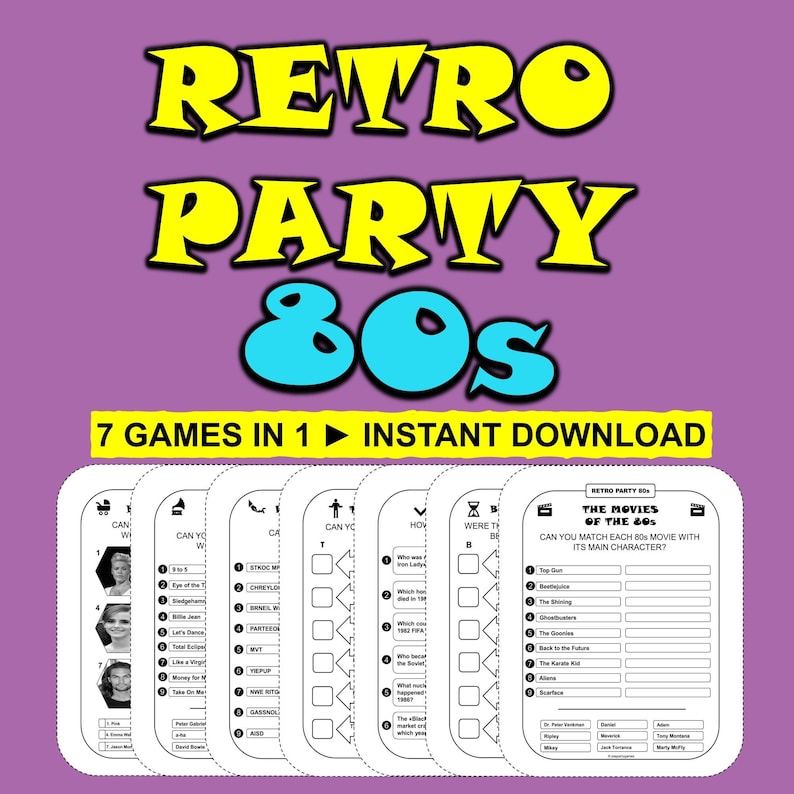 Retro Party Games 80s Party Games Bundle Printable Games 80s Trivia 80s
